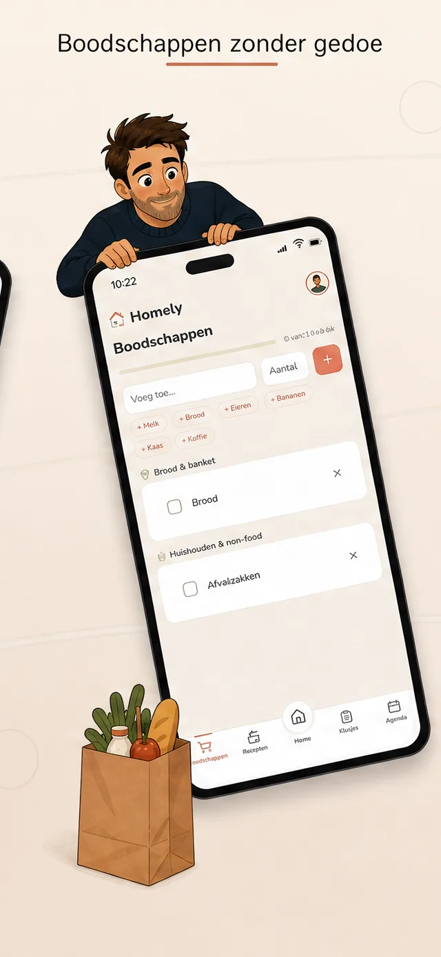 Homely-scherm: de gedeelde boodschappenlijst, met de titel Boodschappen zonder gedoe