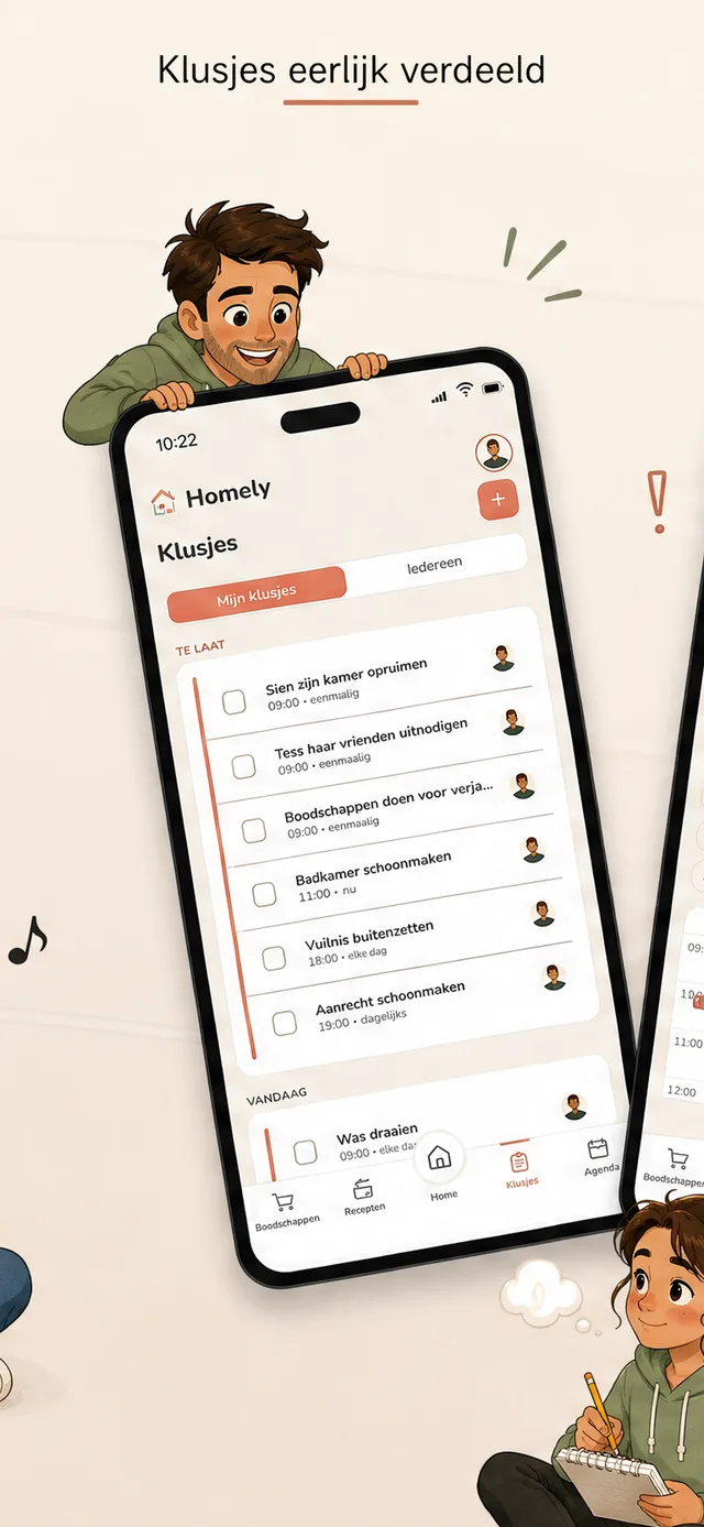 Homely-scherm: de klusjeslijst met beurten per gezinslid, met de titel Klusjes eerlijk verdeeld