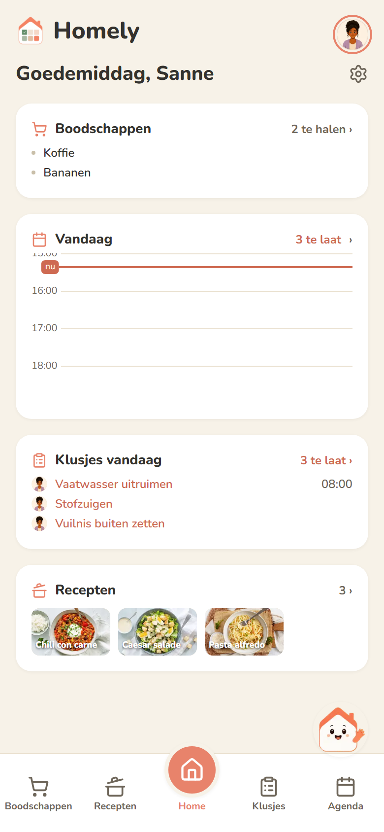 Het Homely-dashboard op een telefoon: boodschappen, agenda en klusjes van vandaag